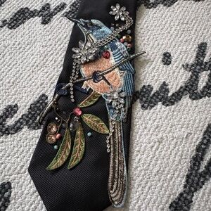 Chic Black Tie with Embroidered Bird and Floral Design